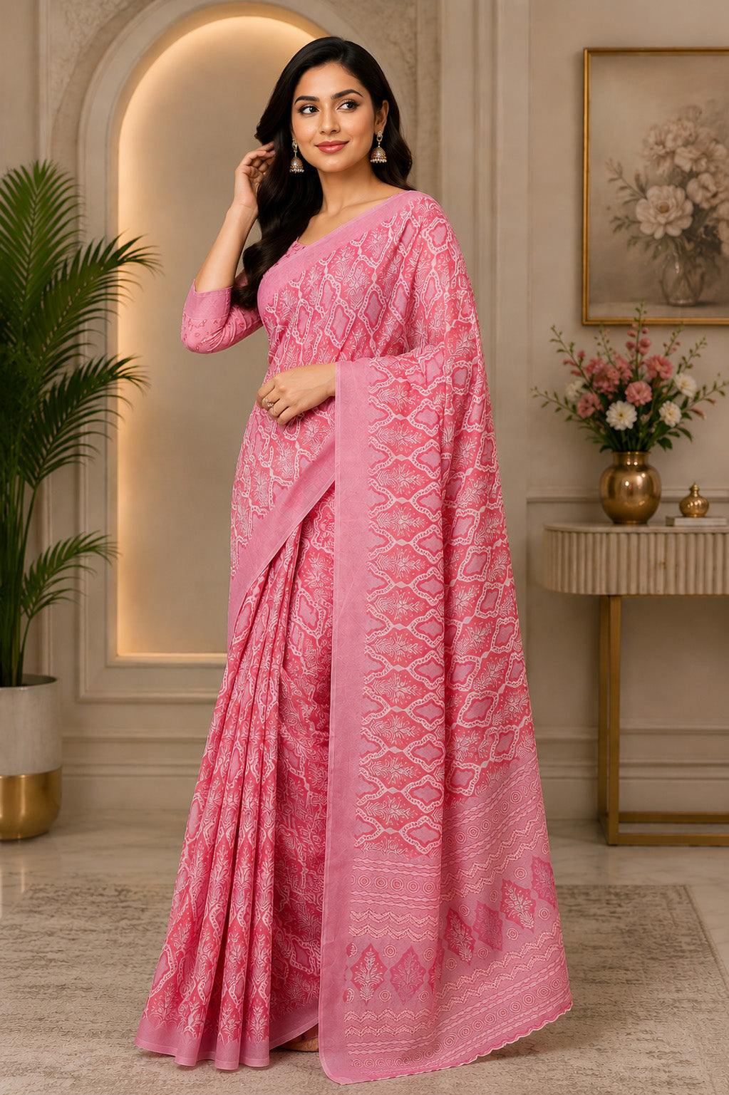 Women Chanderi Cotton Rose Pink Woven  Saree