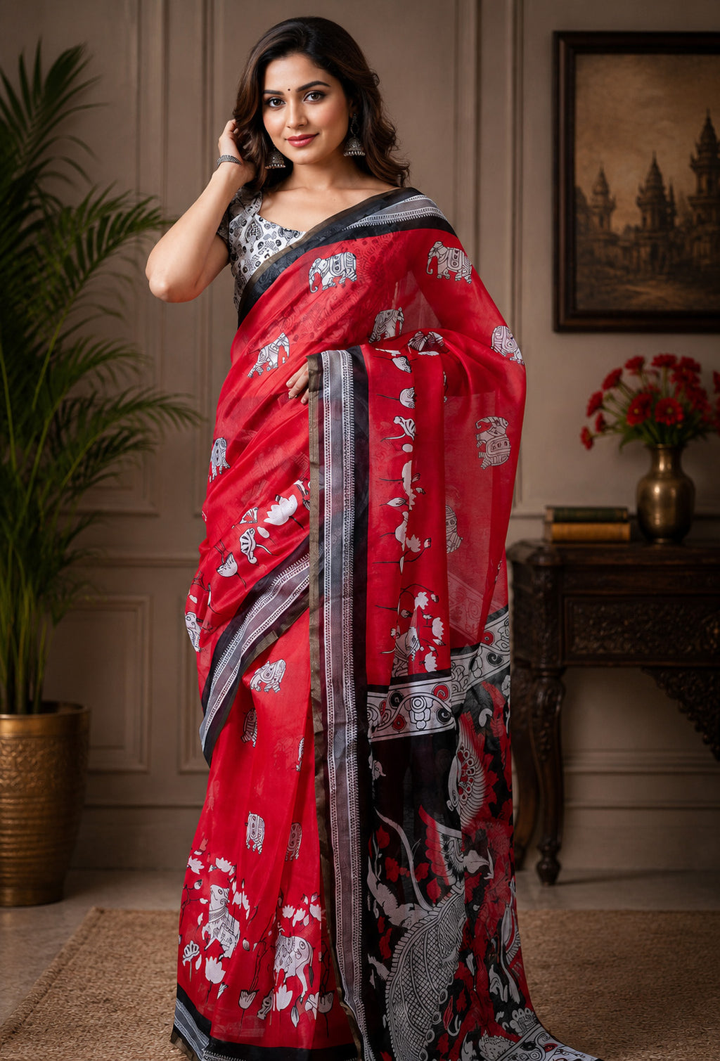Women Chanderi Cotton Crimson Red Woven  Saree