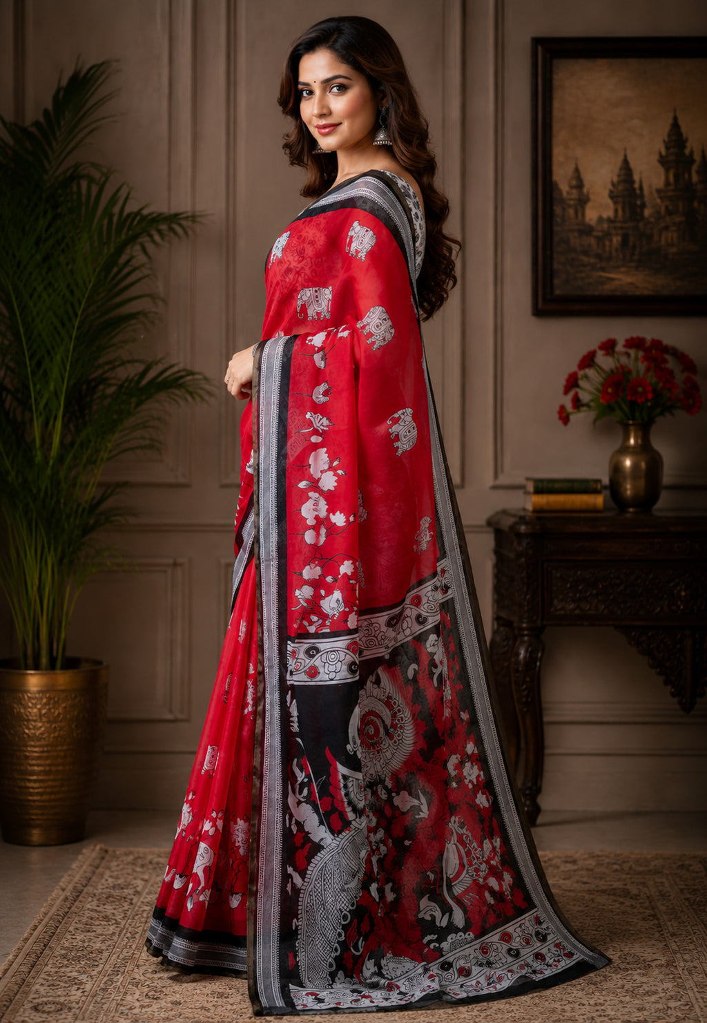 Women Chanderi Cotton Crimson Red Woven  Saree