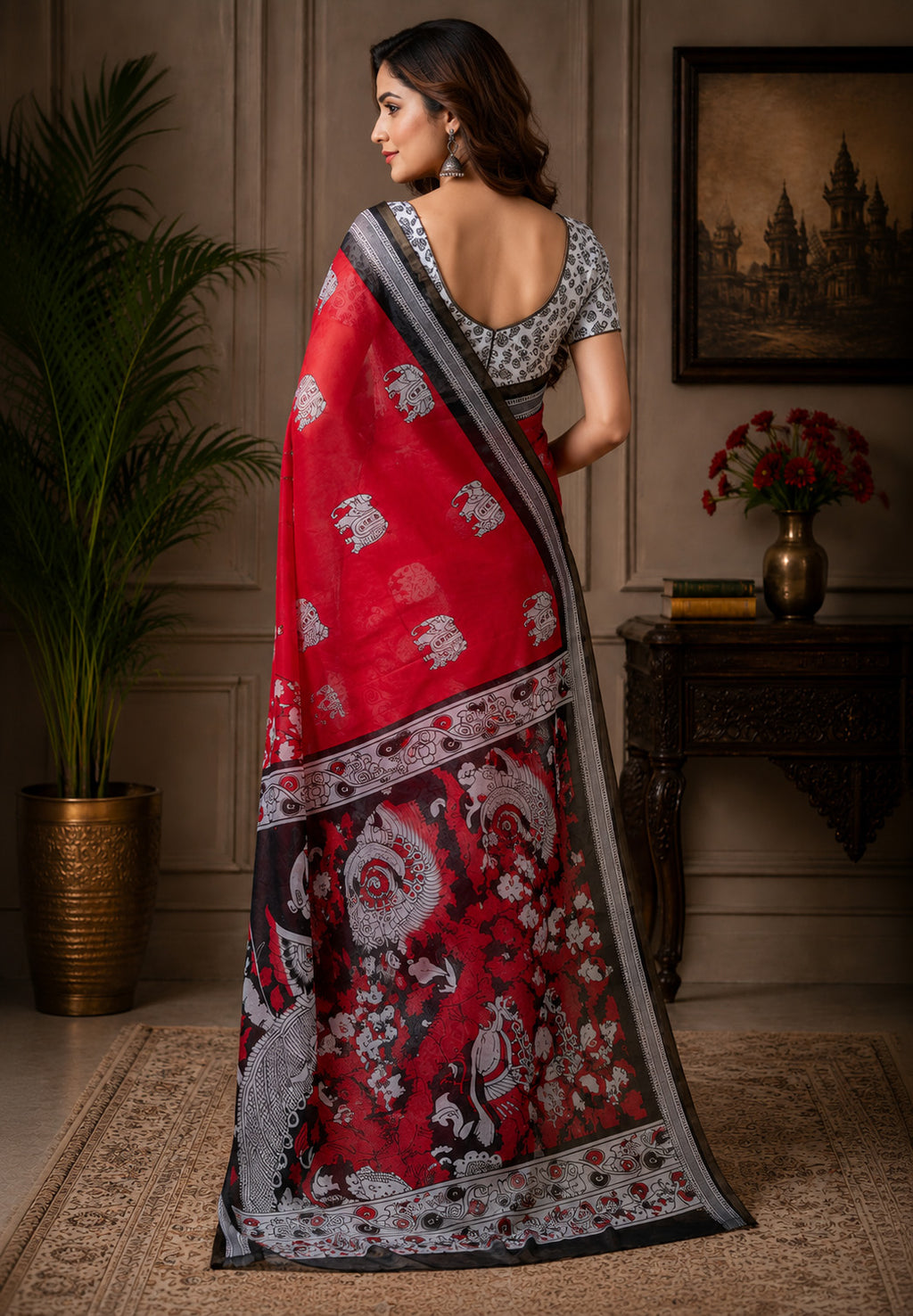 Women Chanderi Cotton Crimson Red Woven  Saree