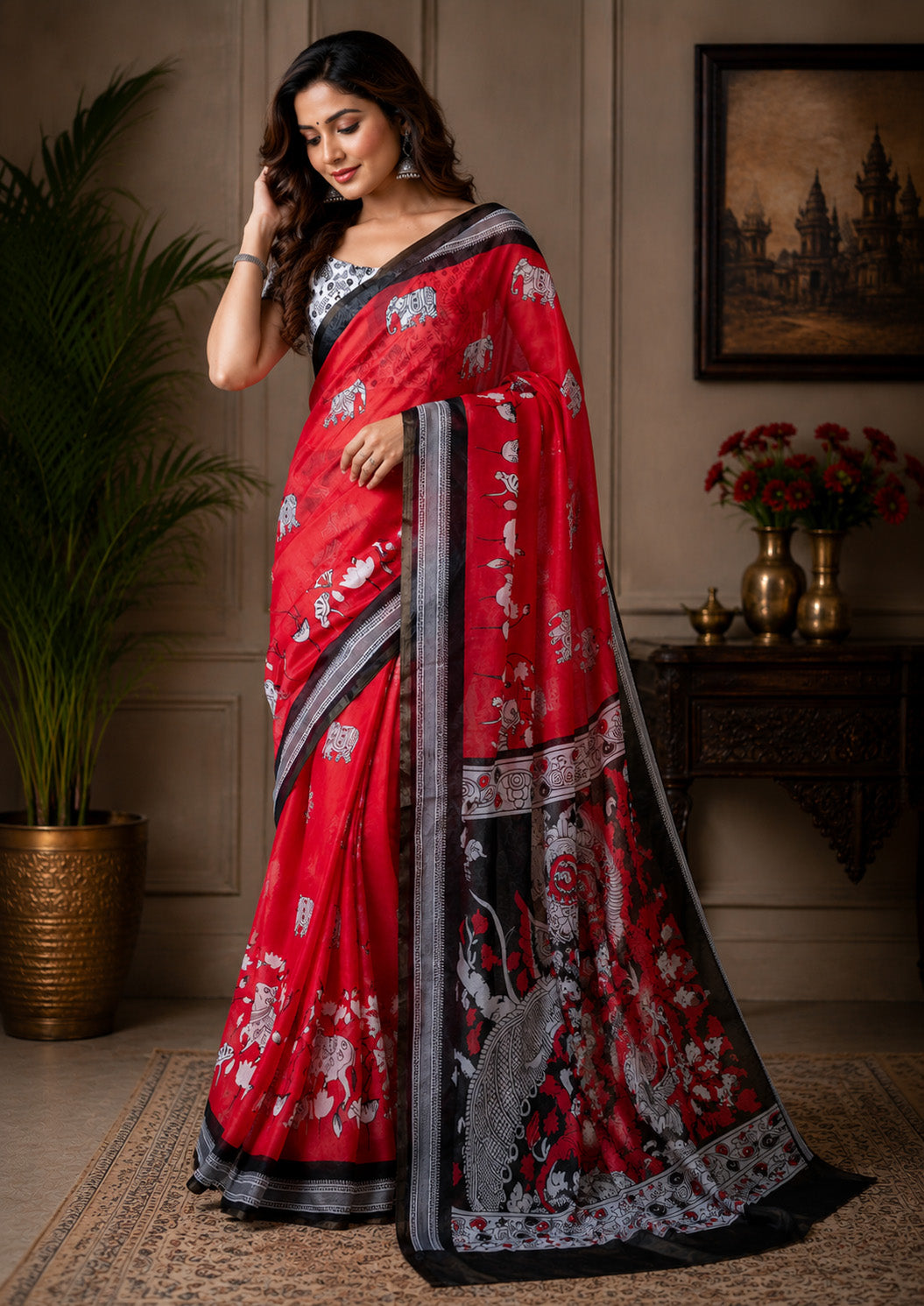 Women Chanderi Cotton Crimson Red Woven  Saree