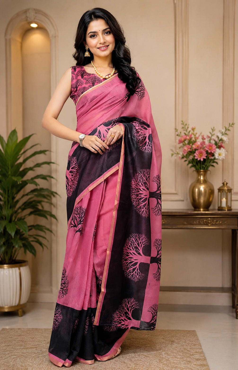 Women Chanderi Cotton Pink Woven  Saree