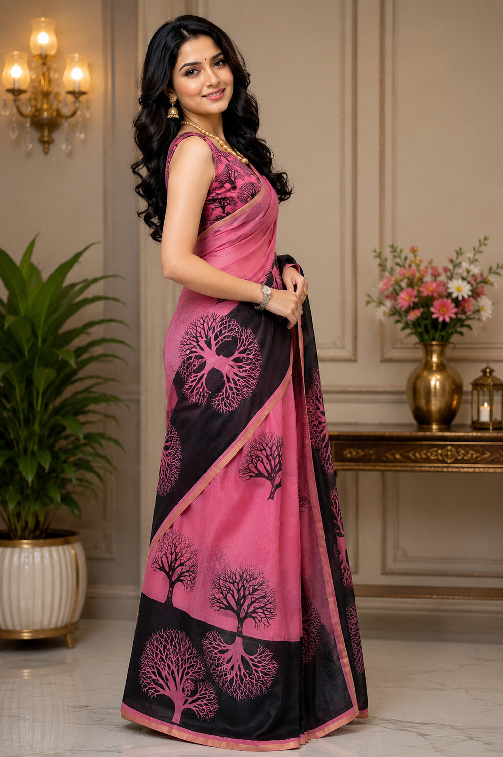 Women Chanderi Cotton Pink Woven  Saree