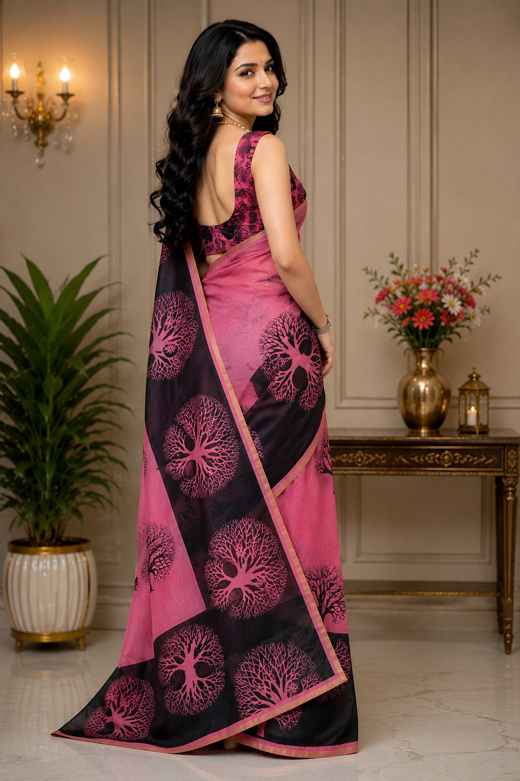 Women Chanderi Cotton Pink Woven  Saree