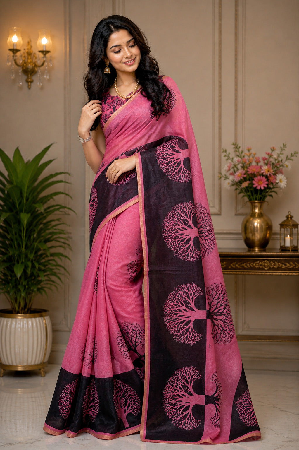 Women Chanderi Cotton Pink Woven  Saree
