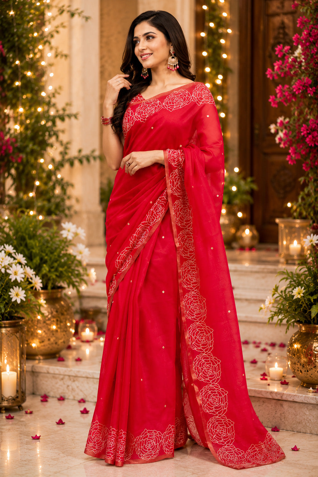 Women Chanderi Cotton Red Woven  Saree
