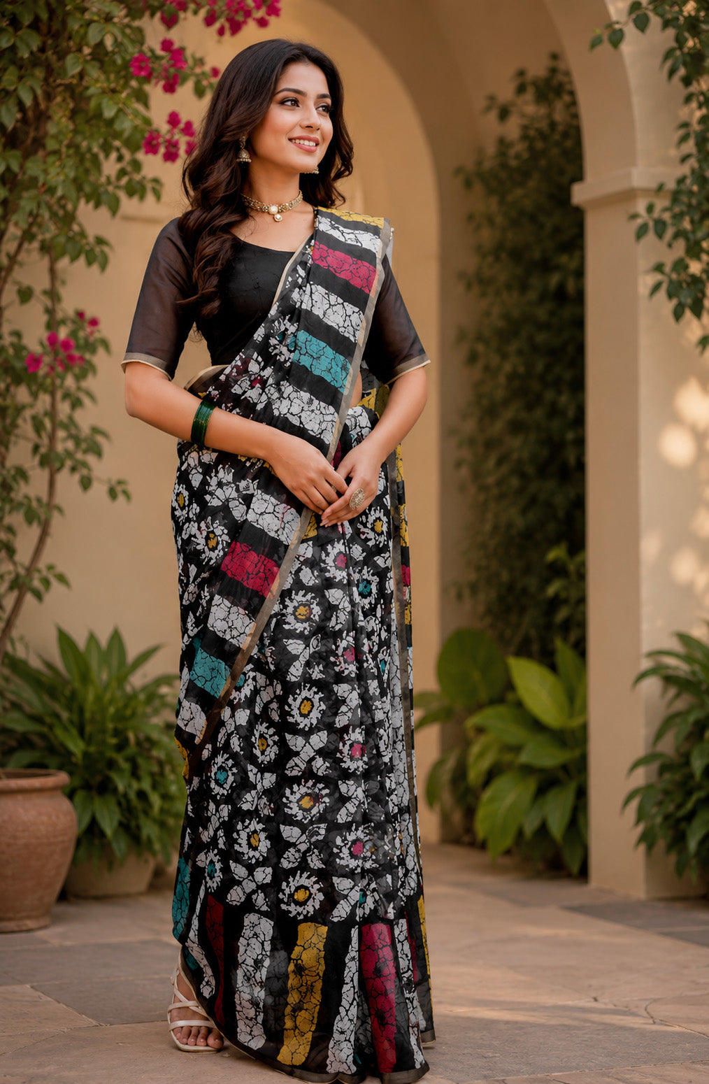 Women Chanderi Cotton Black Woven  Saree