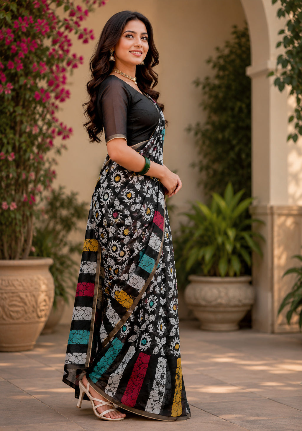 Women Chanderi Cotton Black Woven  Saree
