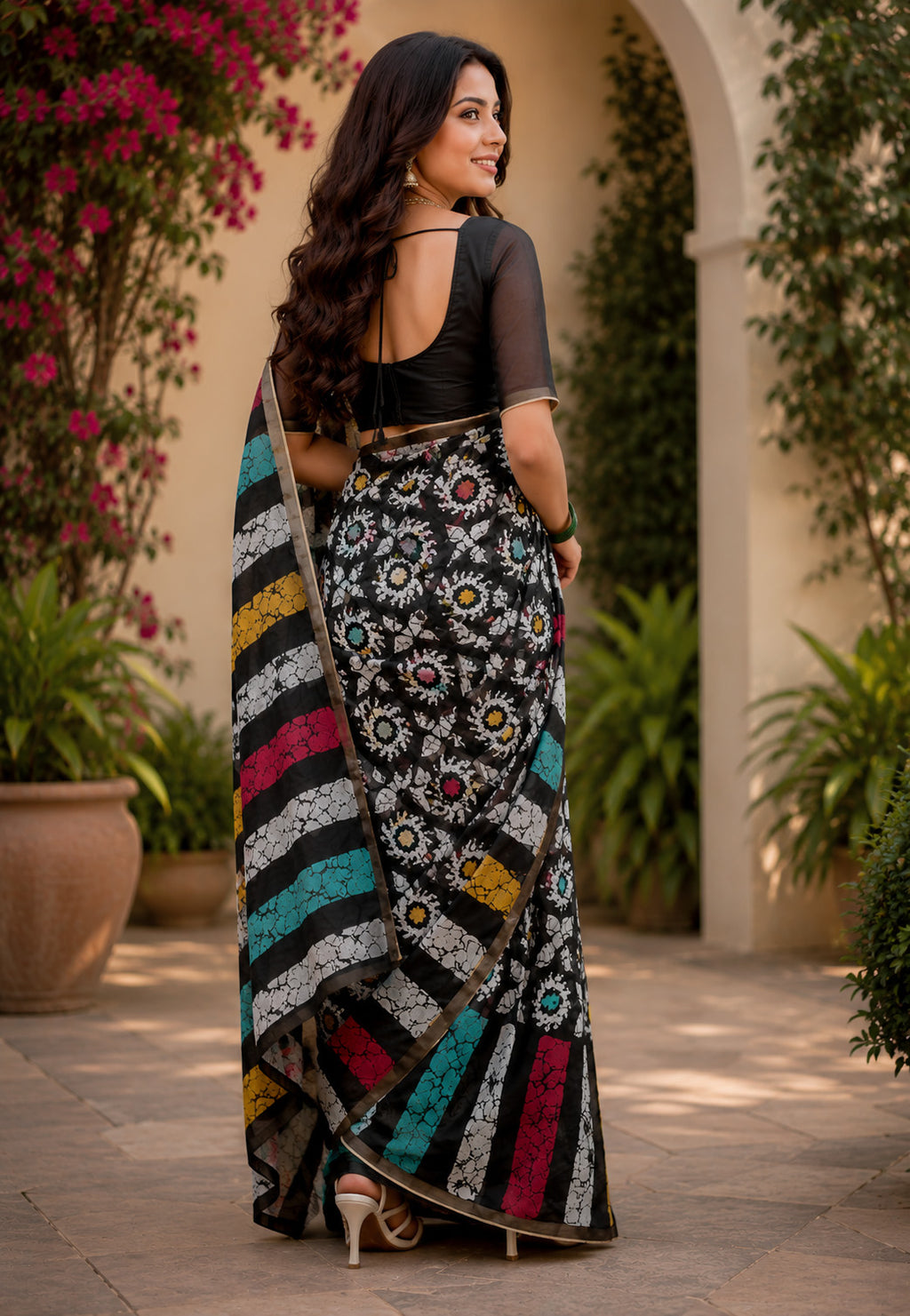 Women Chanderi Cotton Black Woven  Saree