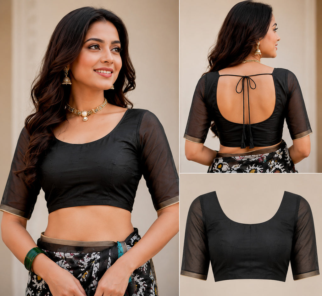 Women Chanderi Cotton Black Woven  Saree