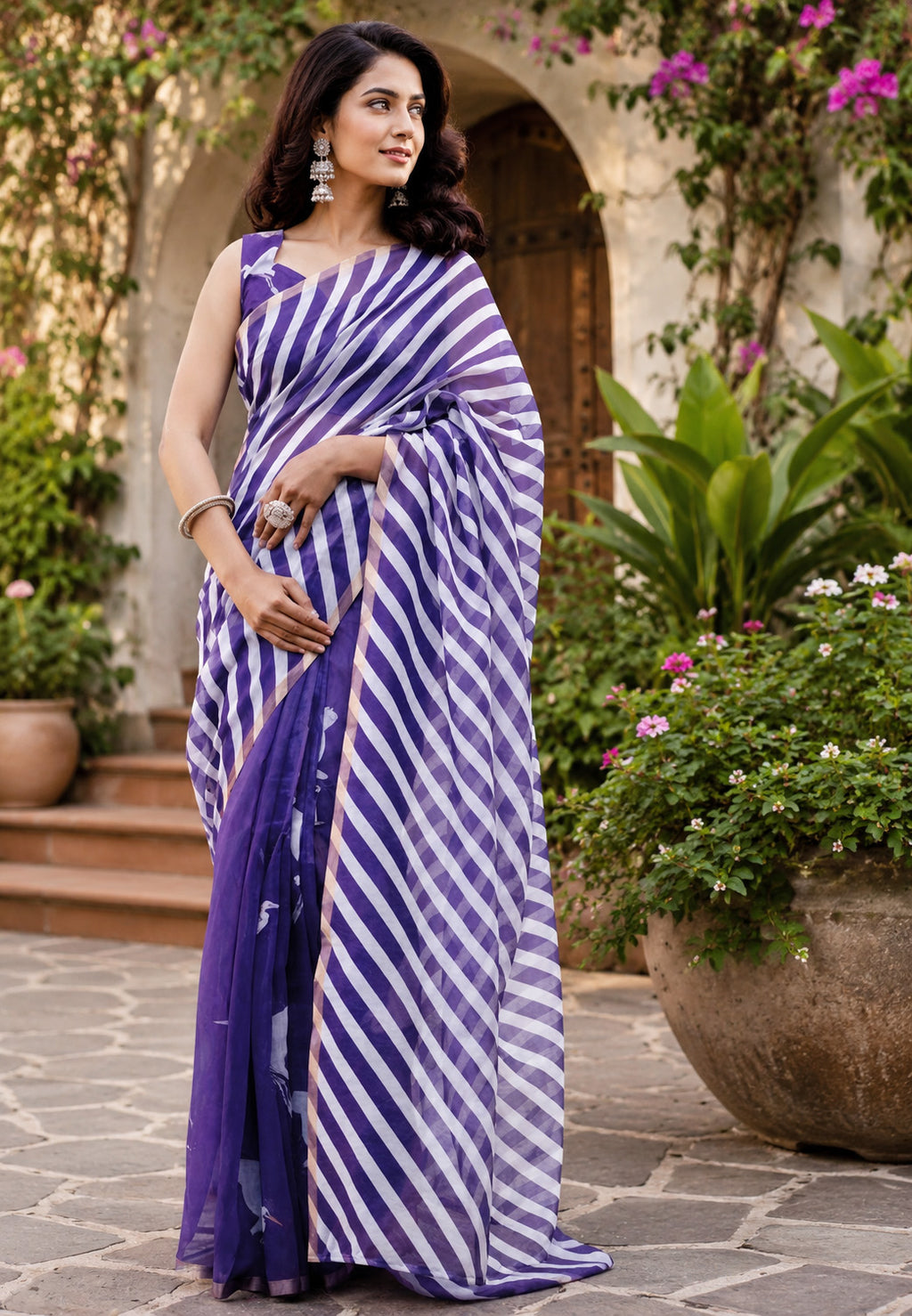 Women Chanderi Cotton Grape Purple & White Woven  Saree