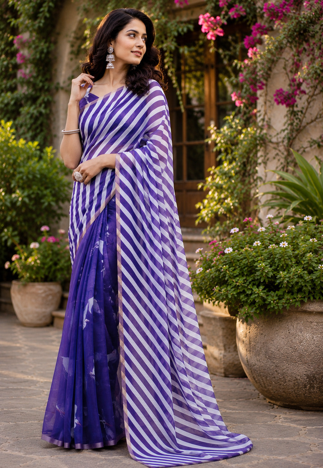 Women Chanderi Cotton Grape Purple & White Woven  Saree