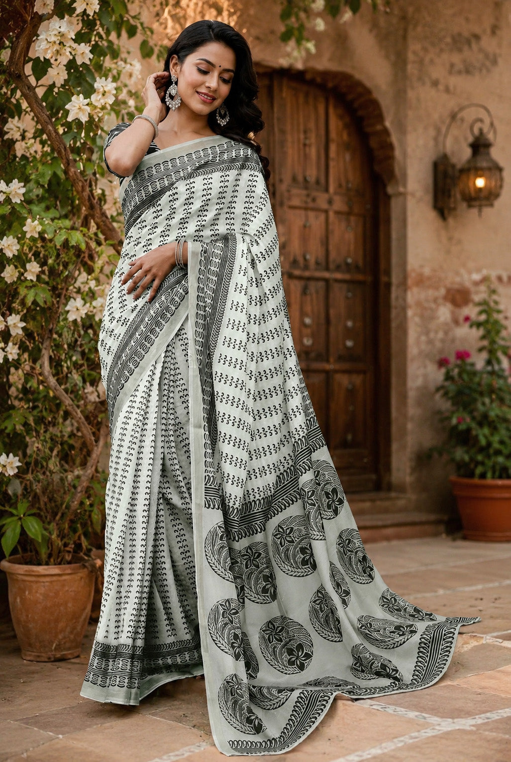 Women Chanderi Cotton Grey & Black Woven  Saree