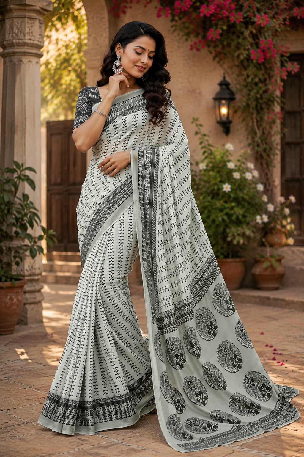 Women Chanderi Cotton Grey & Black Woven  Saree