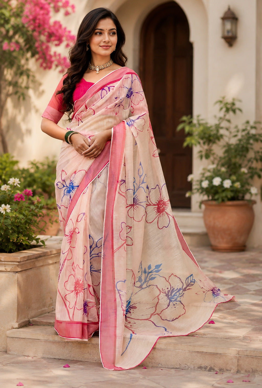 Women Chanderi Cotton Cream & Pink Woven  Saree