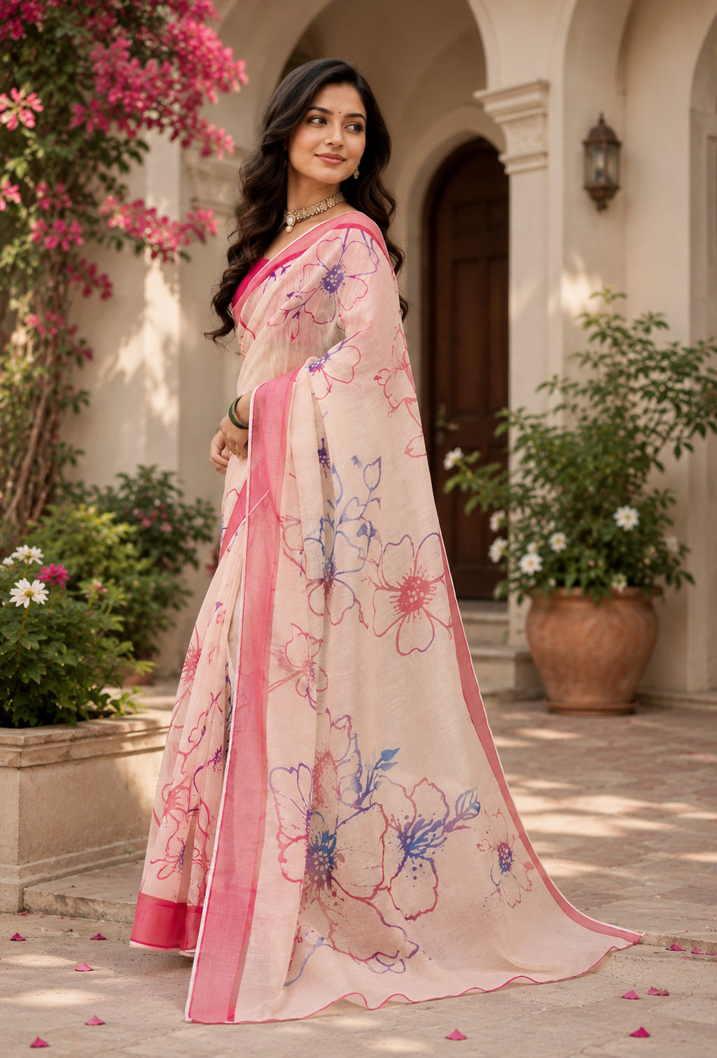 Women Chanderi Cotton Cream & Pink Woven  Saree