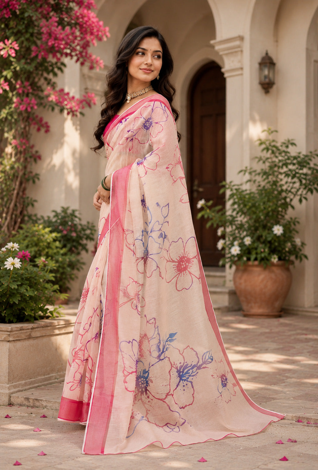 Women Chanderi Cotton Cream & Pink Woven  Saree