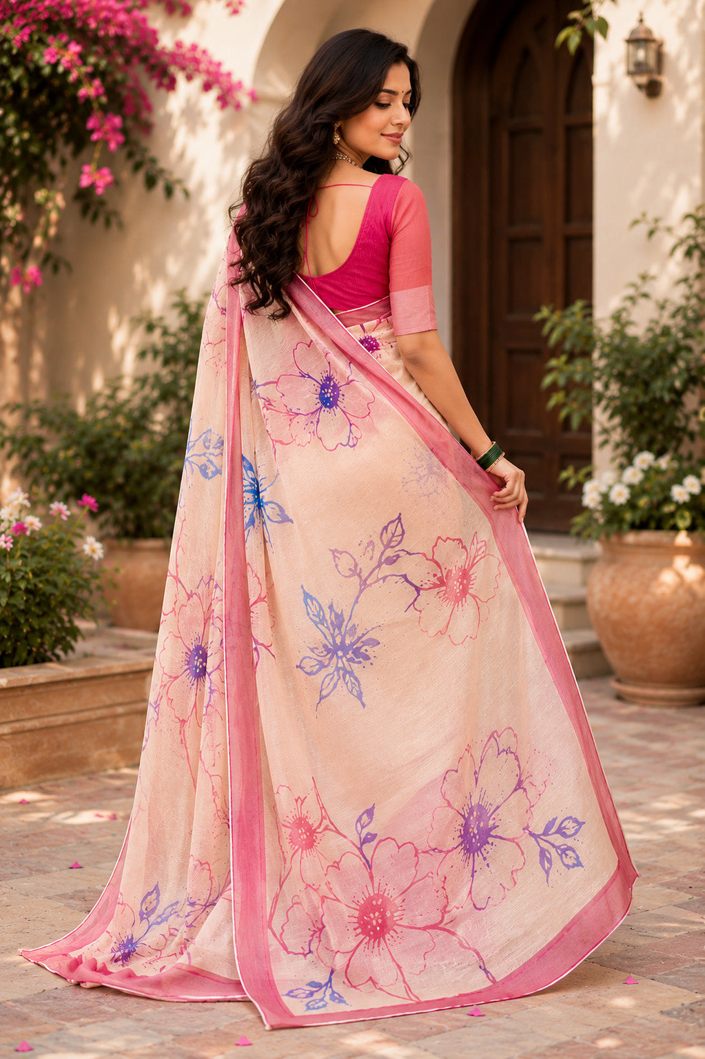Women Chanderi Cotton Cream & Pink Woven  Saree
