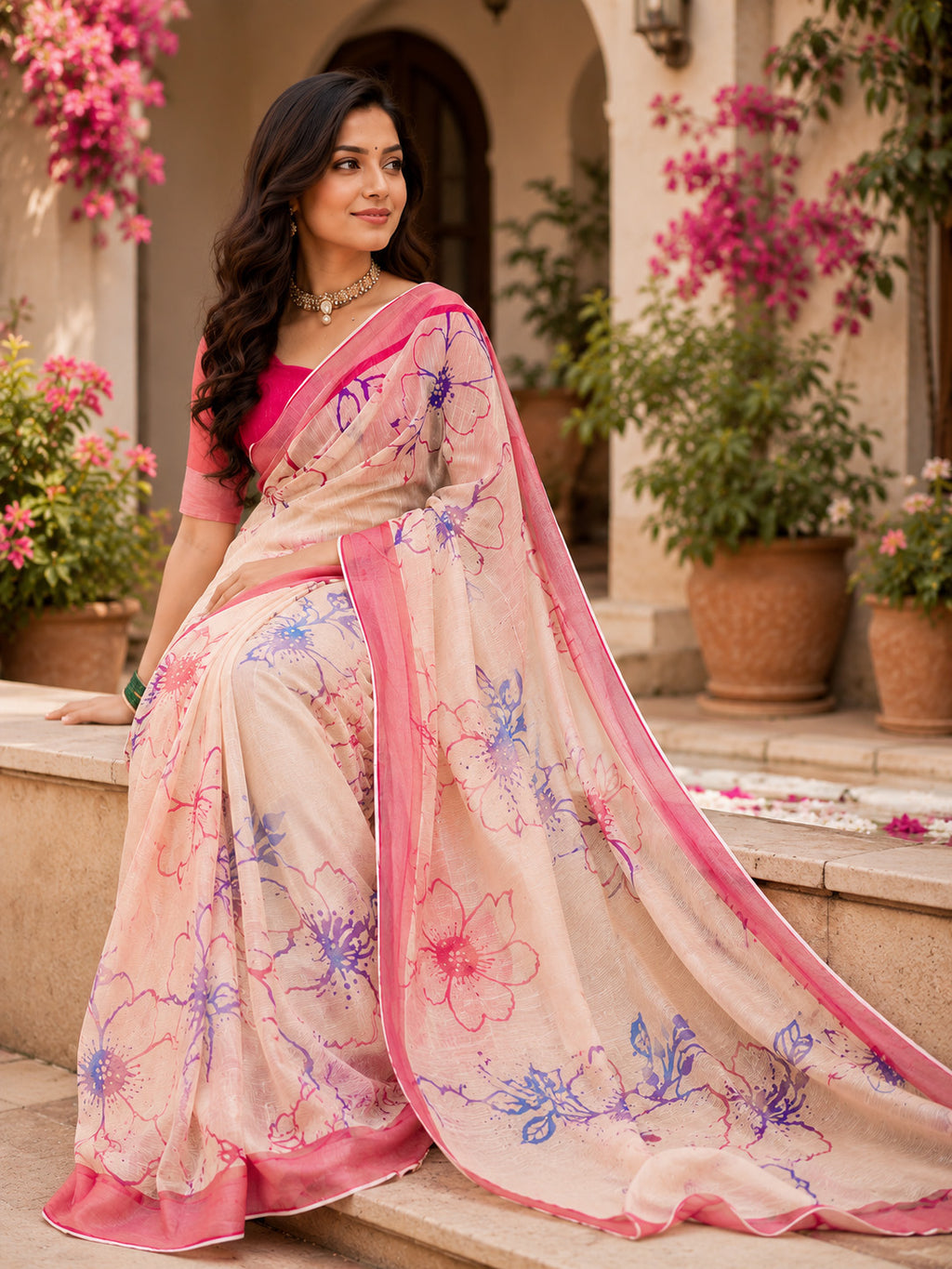 Women Chanderi Cotton Cream & Pink Woven  Saree