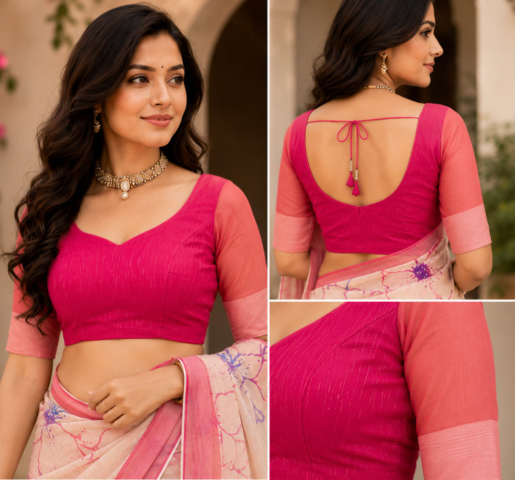 Women Chanderi Cotton Cream & Pink Woven  Saree