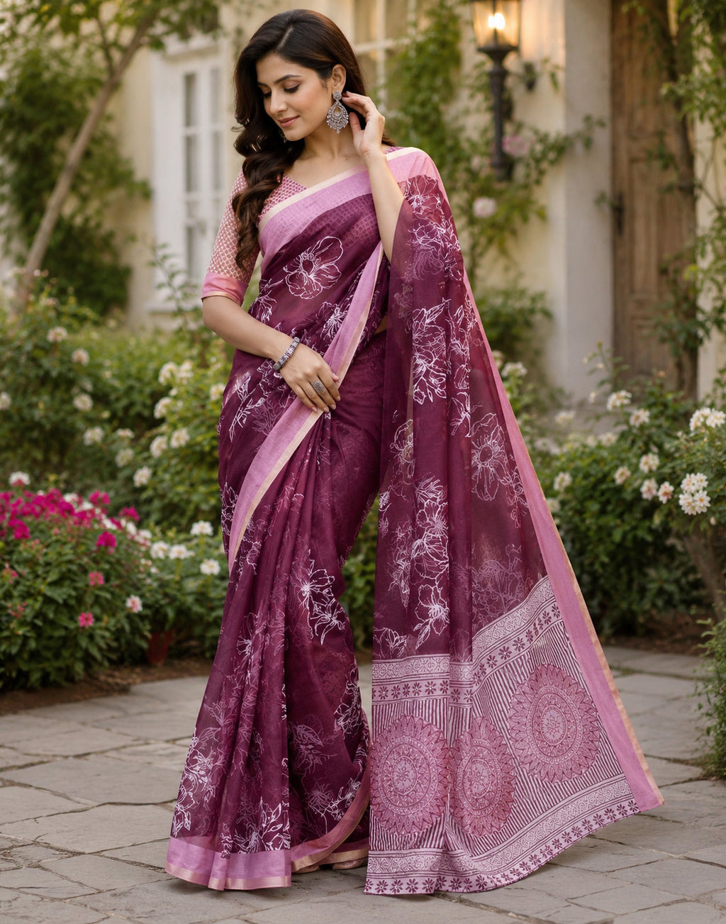 Women Chanderi Cotton Wine Woven  Saree