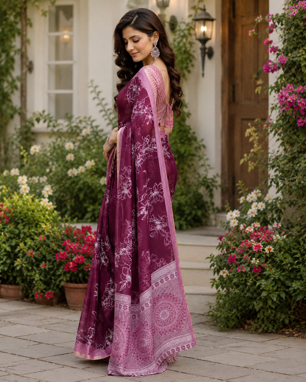 Women Chanderi Cotton Wine Woven  Saree