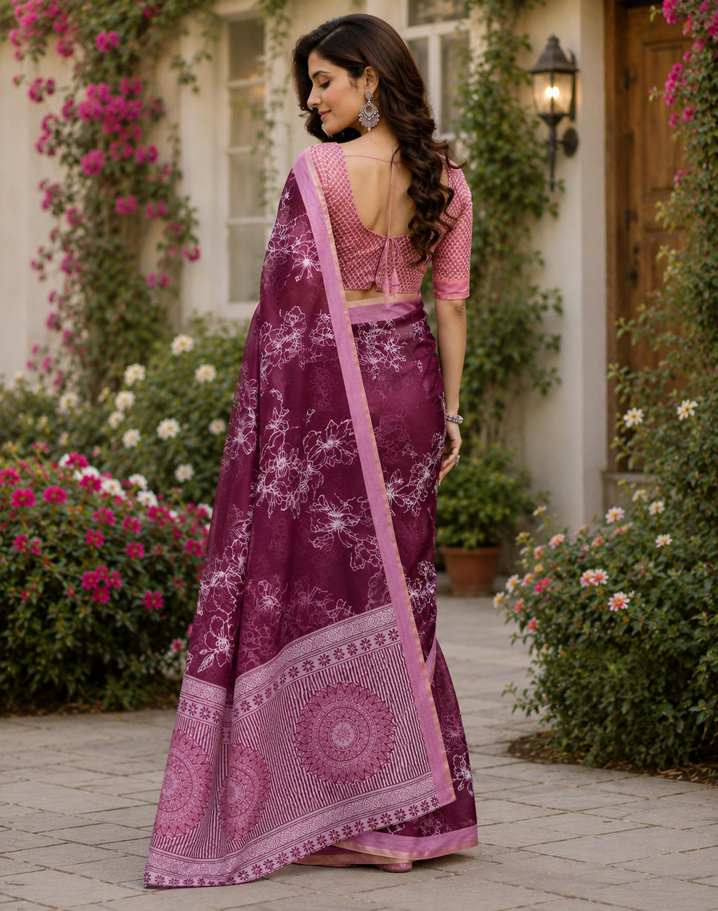 Women Chanderi Cotton Wine Woven  Saree