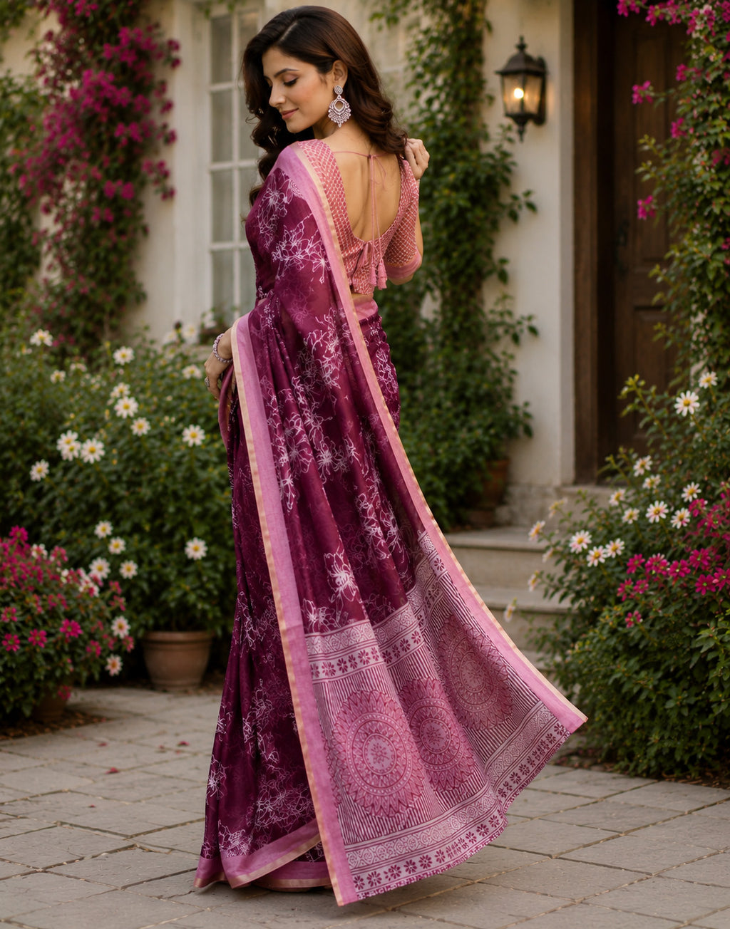 Women Chanderi Cotton Wine Woven  Saree