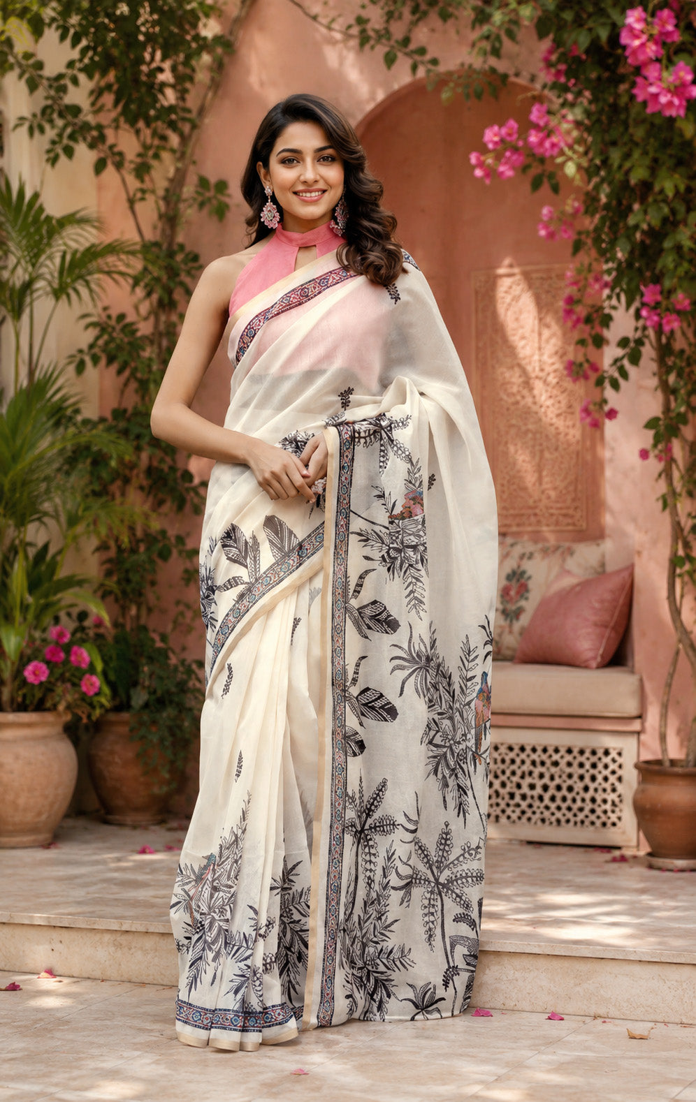 Women Chanderi Cotton Off White Woven  Saree