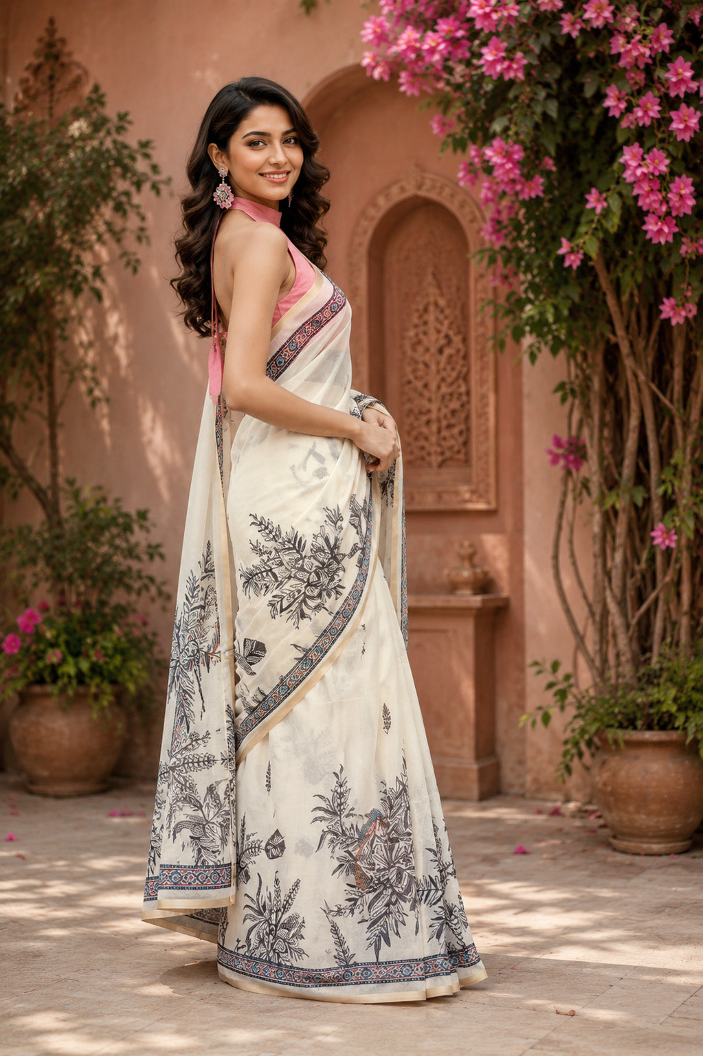 Women Chanderi Cotton Off White Woven  Saree