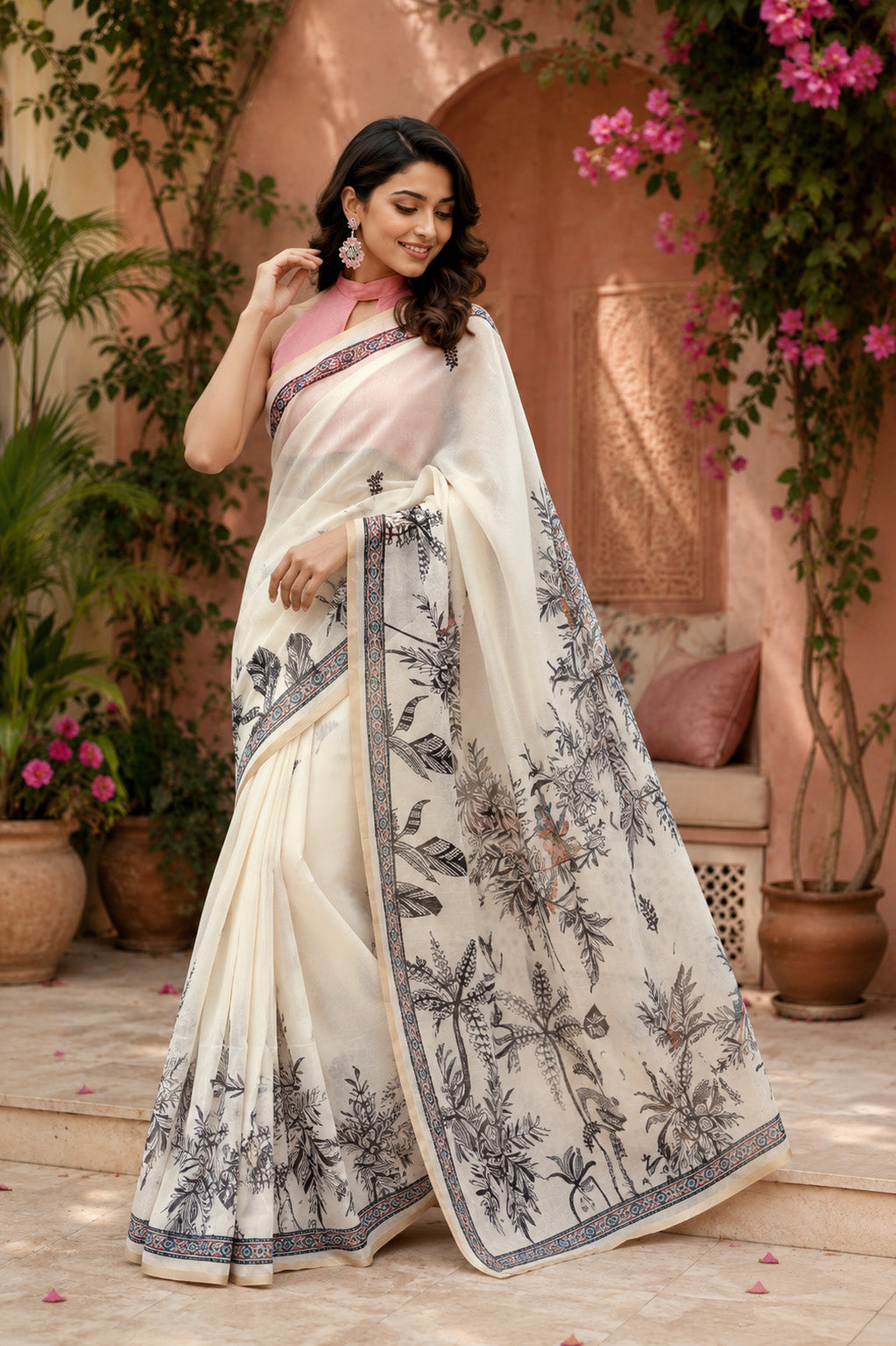 Women Chanderi Cotton Off White Woven  Saree