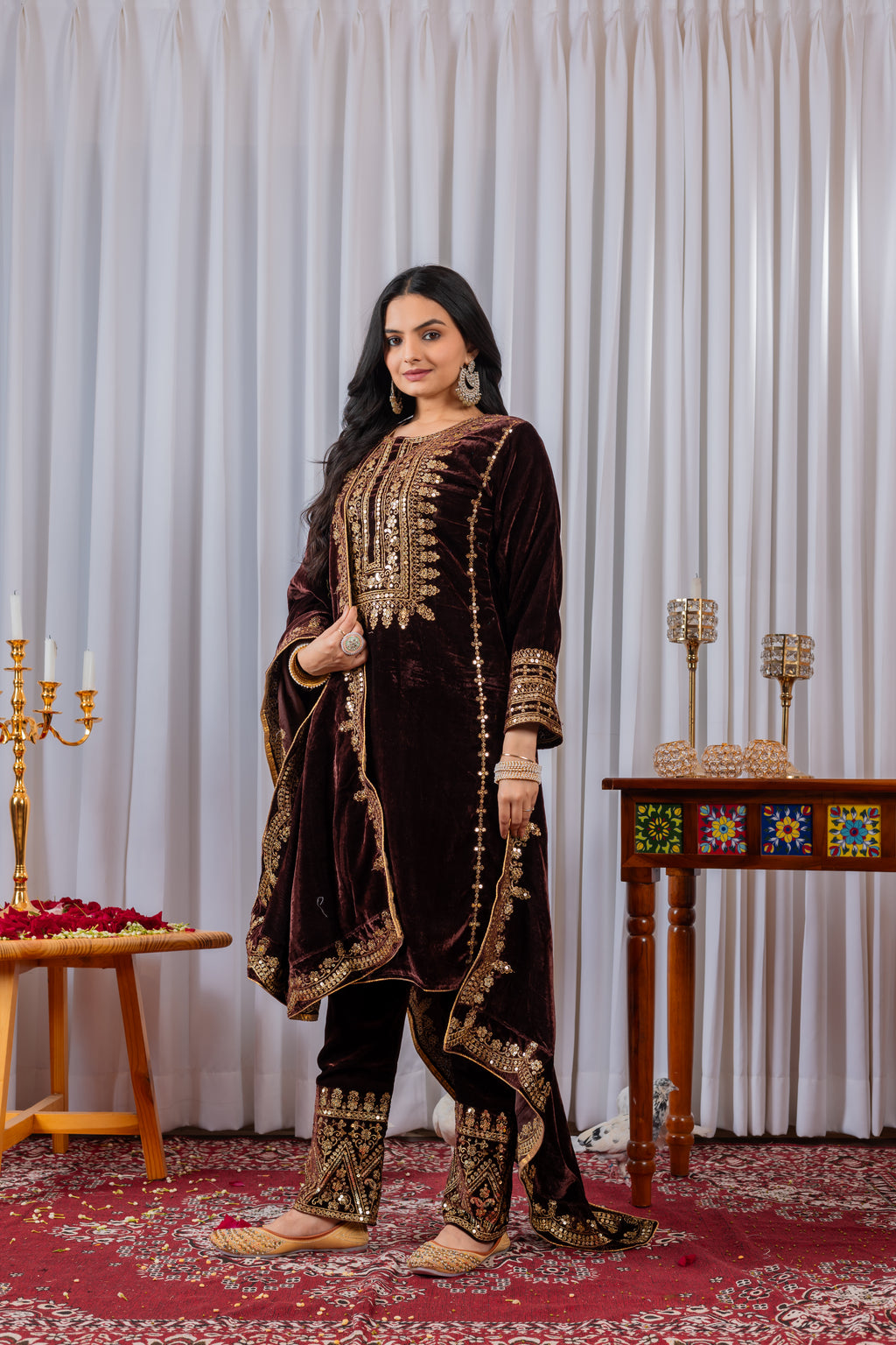 Women Wine Velvet Kurta Set