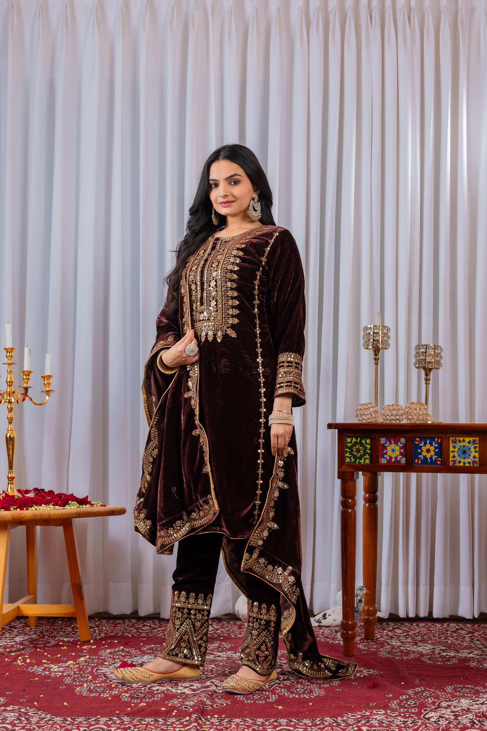 Women Wine Velvet Kurta Set
