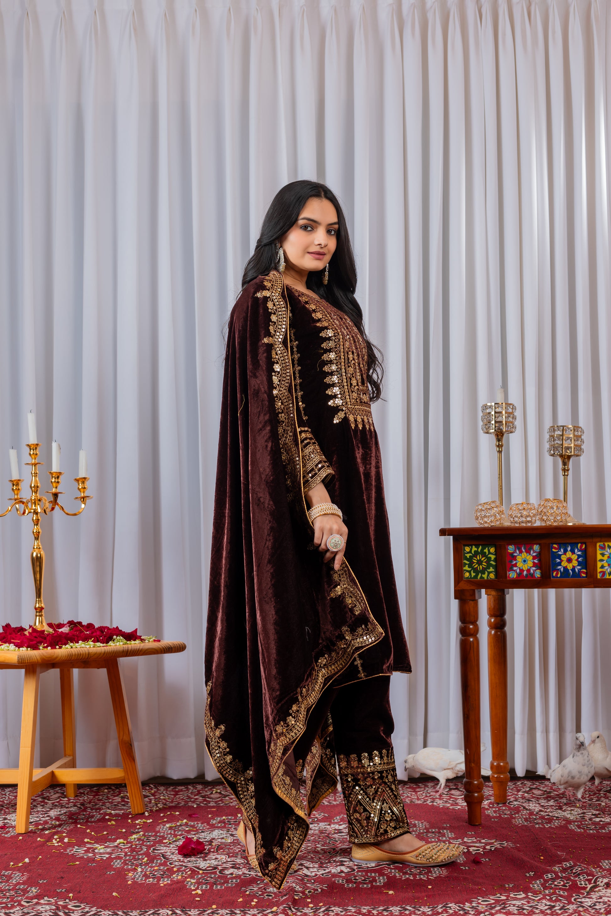 Women Wine Velvet Kurta Set