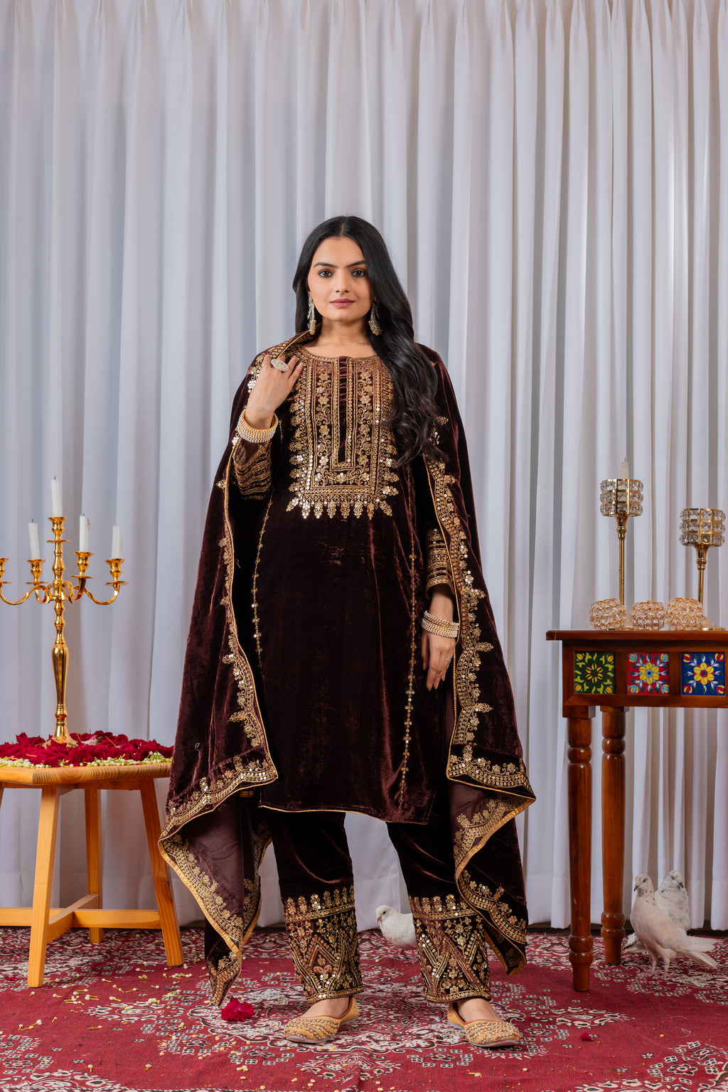 Women Wine Velvet Kurta Set