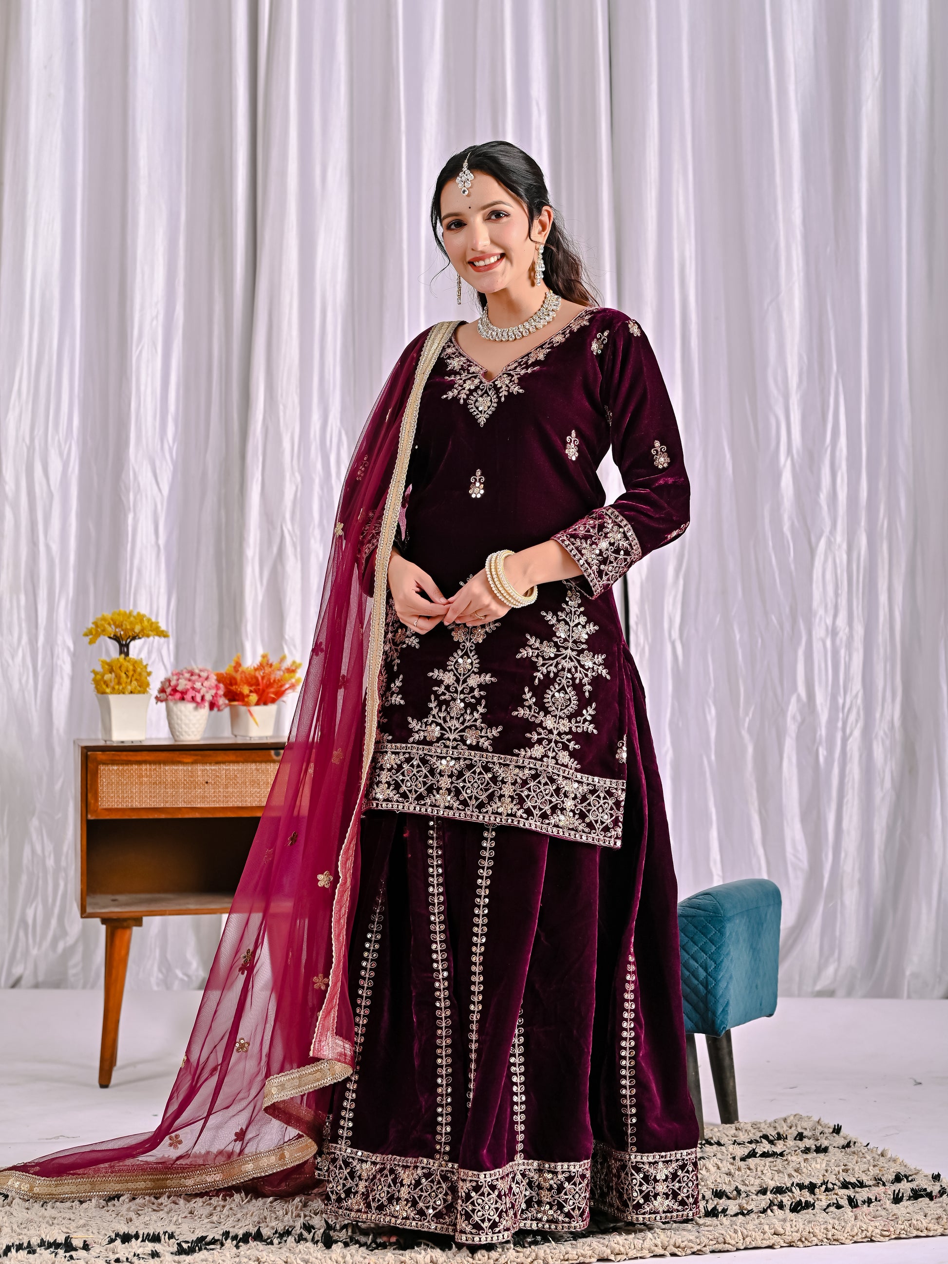 Women Velvet Wine Sequence embroidery work Kurta Set