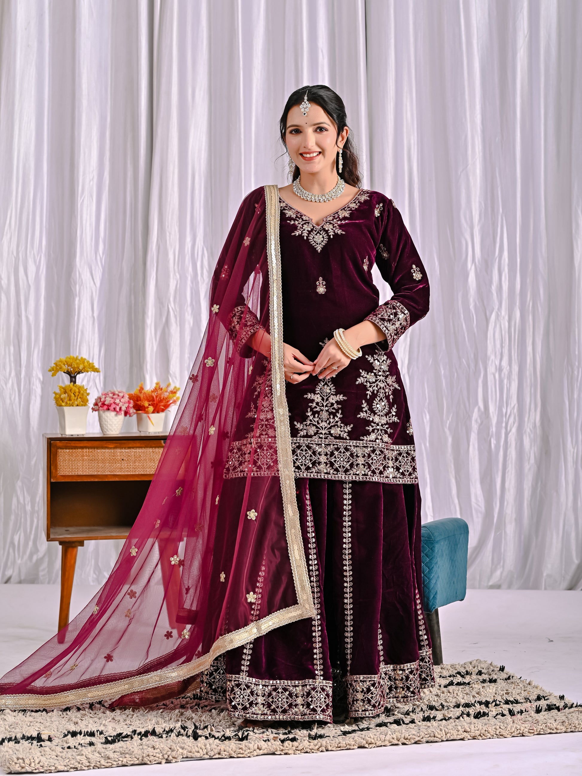Women Velvet Wine Sequence embroidery work Kurta Set