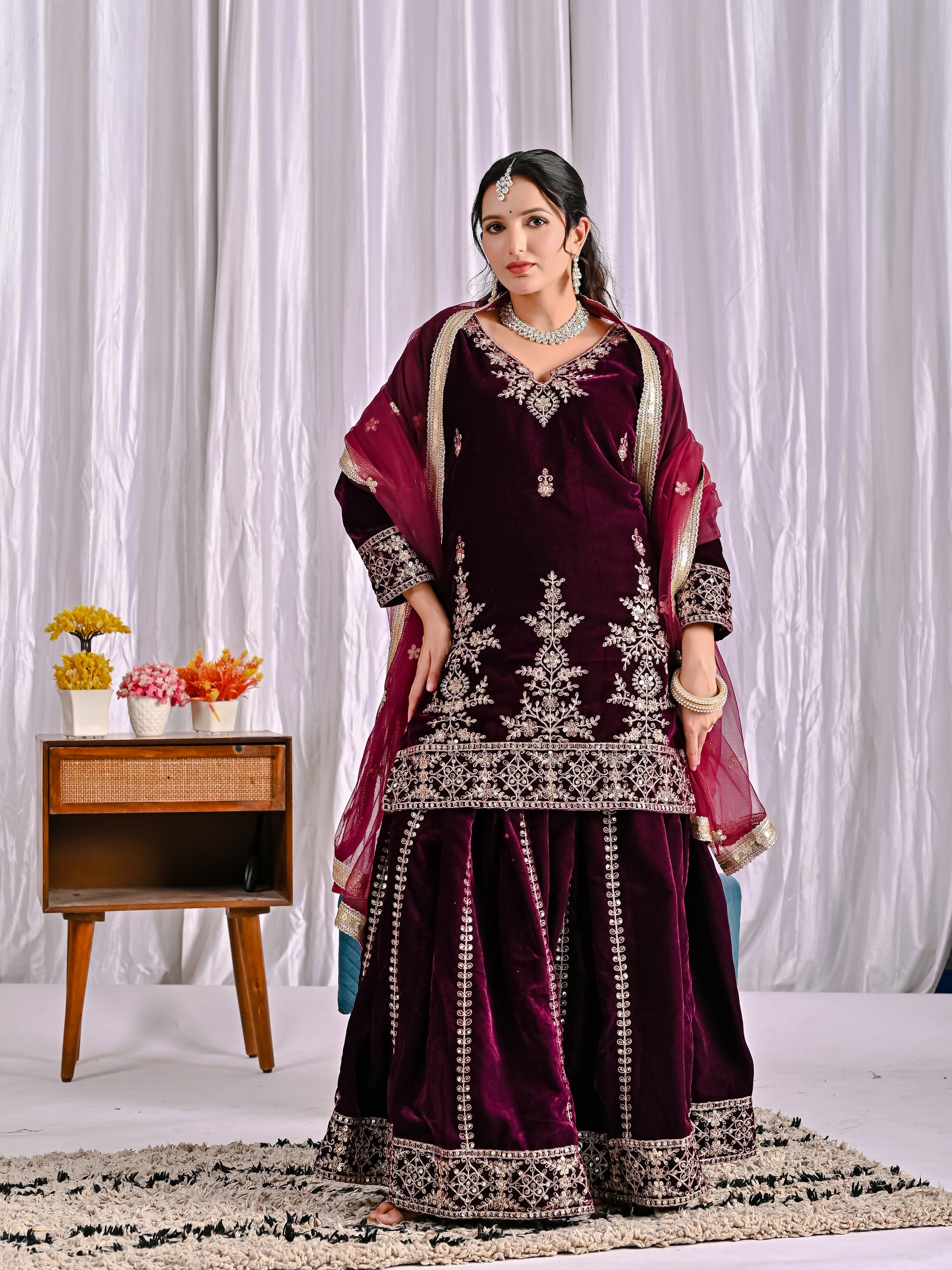 Women Velvet Wine Sequence embroidery work Kurta Set