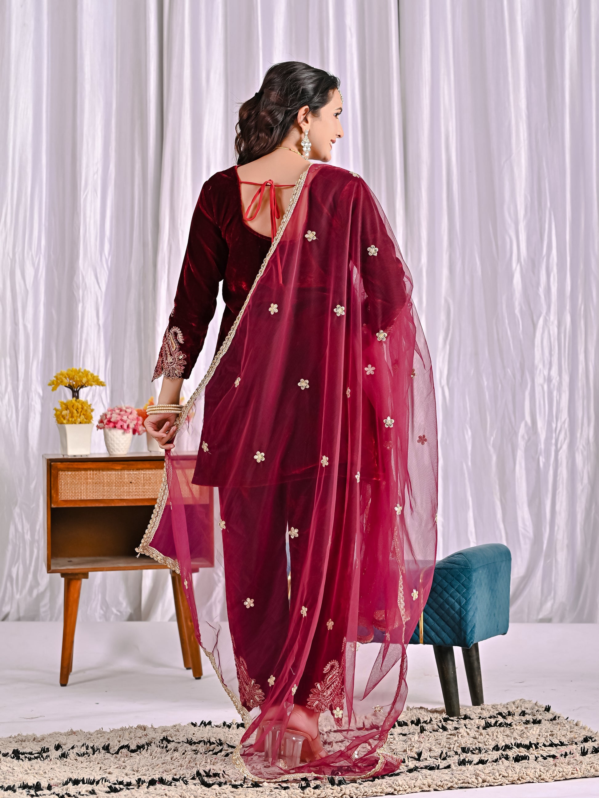 Women Velvet Wine Sequence embroidery work Kurta Set