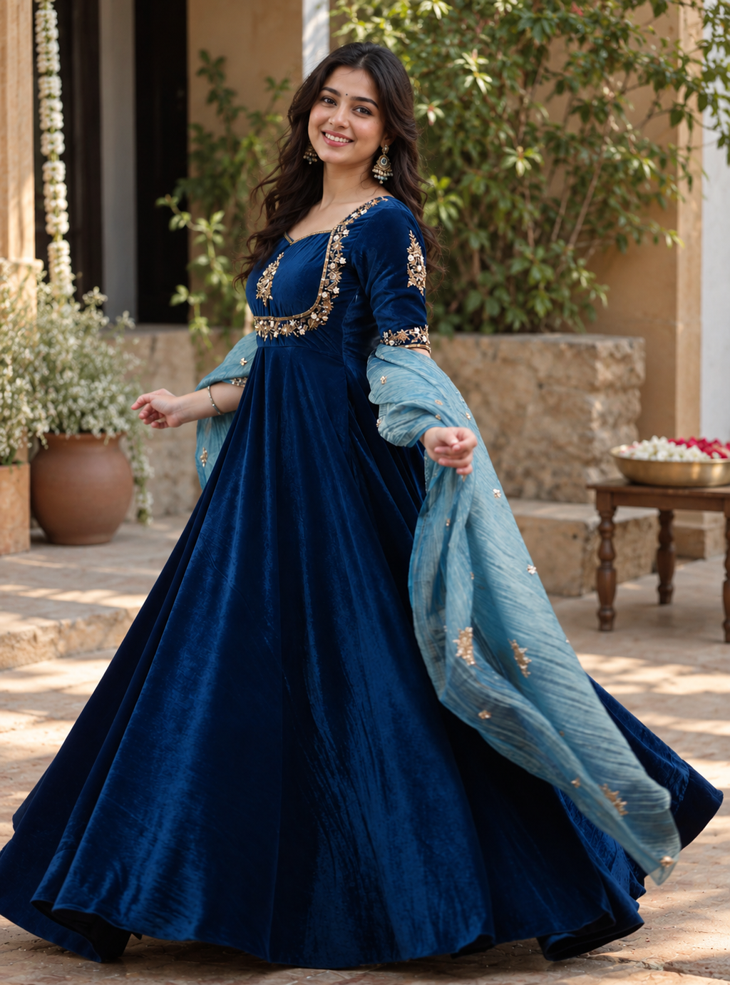 Women Blue VELVET EMBELLISHED Kurta Set with dupatta