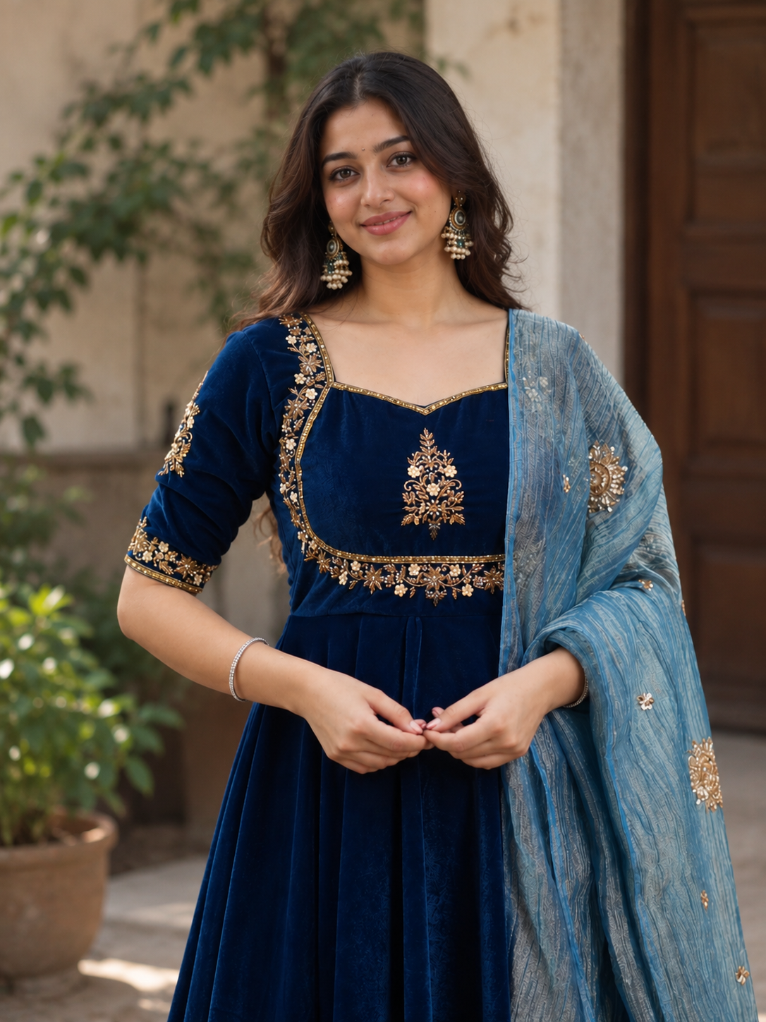 Women Blue VELVET EMBELLISHED Kurta Set with dupatta