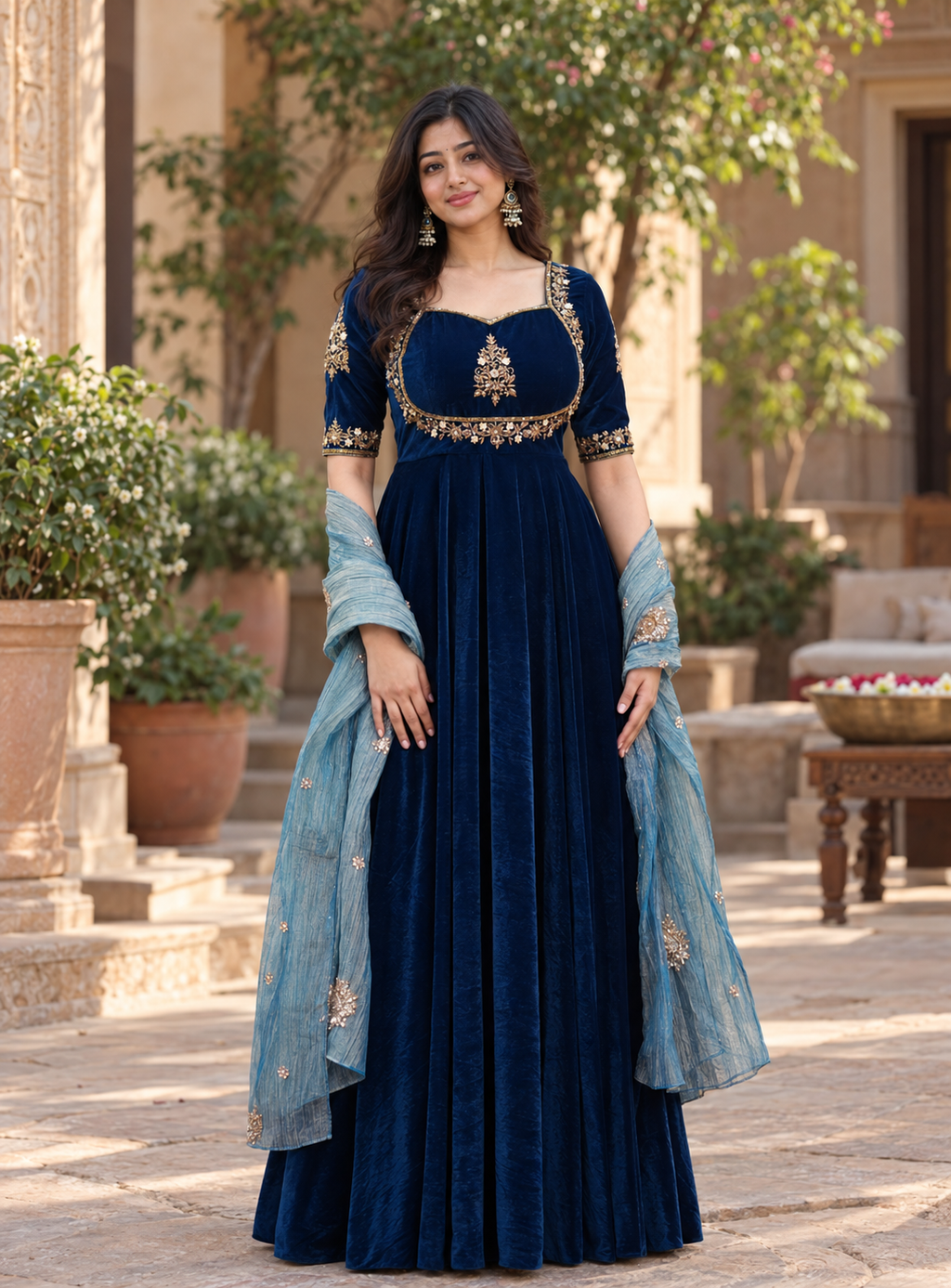 Women Blue VELVET EMBELLISHED Kurta Set with dupatta