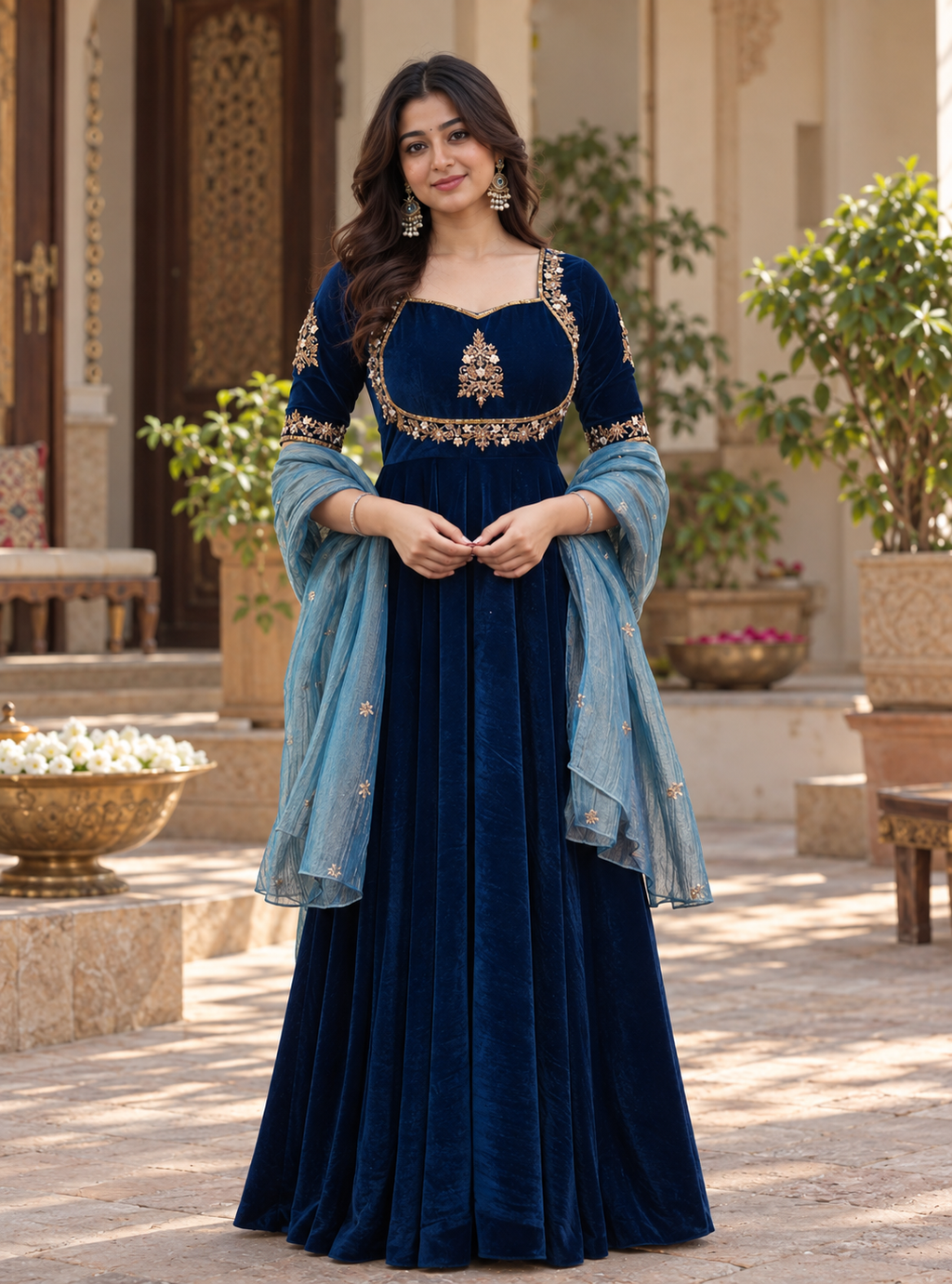 Women Blue VELVET EMBELLISHED Kurta Set with dupatta