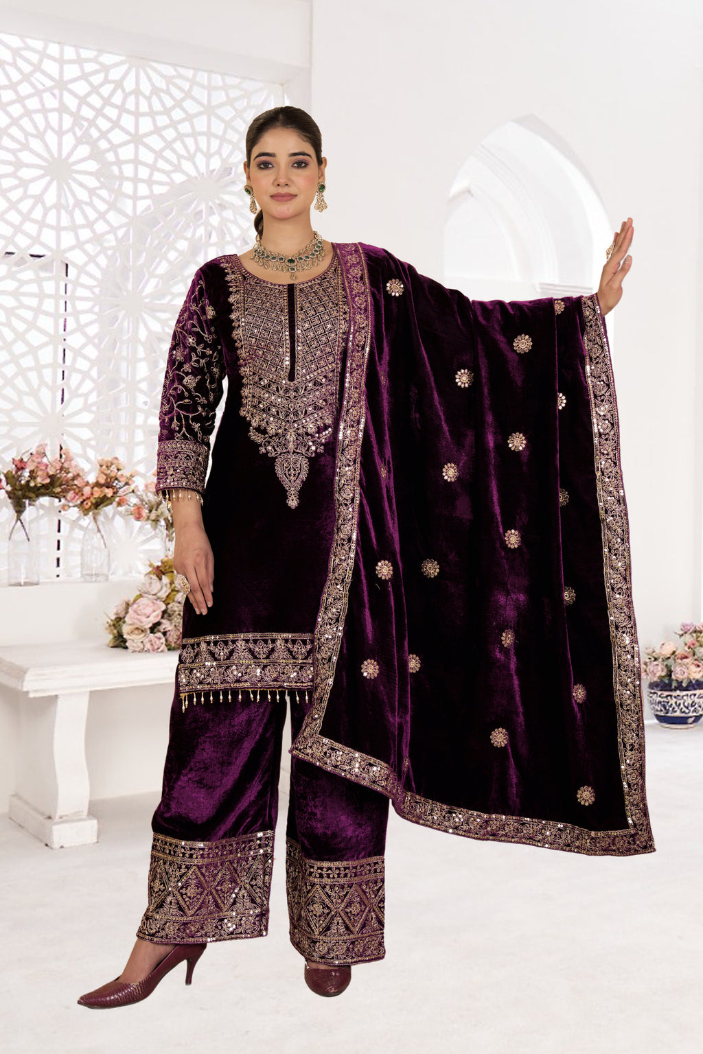 Women Velvet Wine Sequence embroidery work Kurta Set