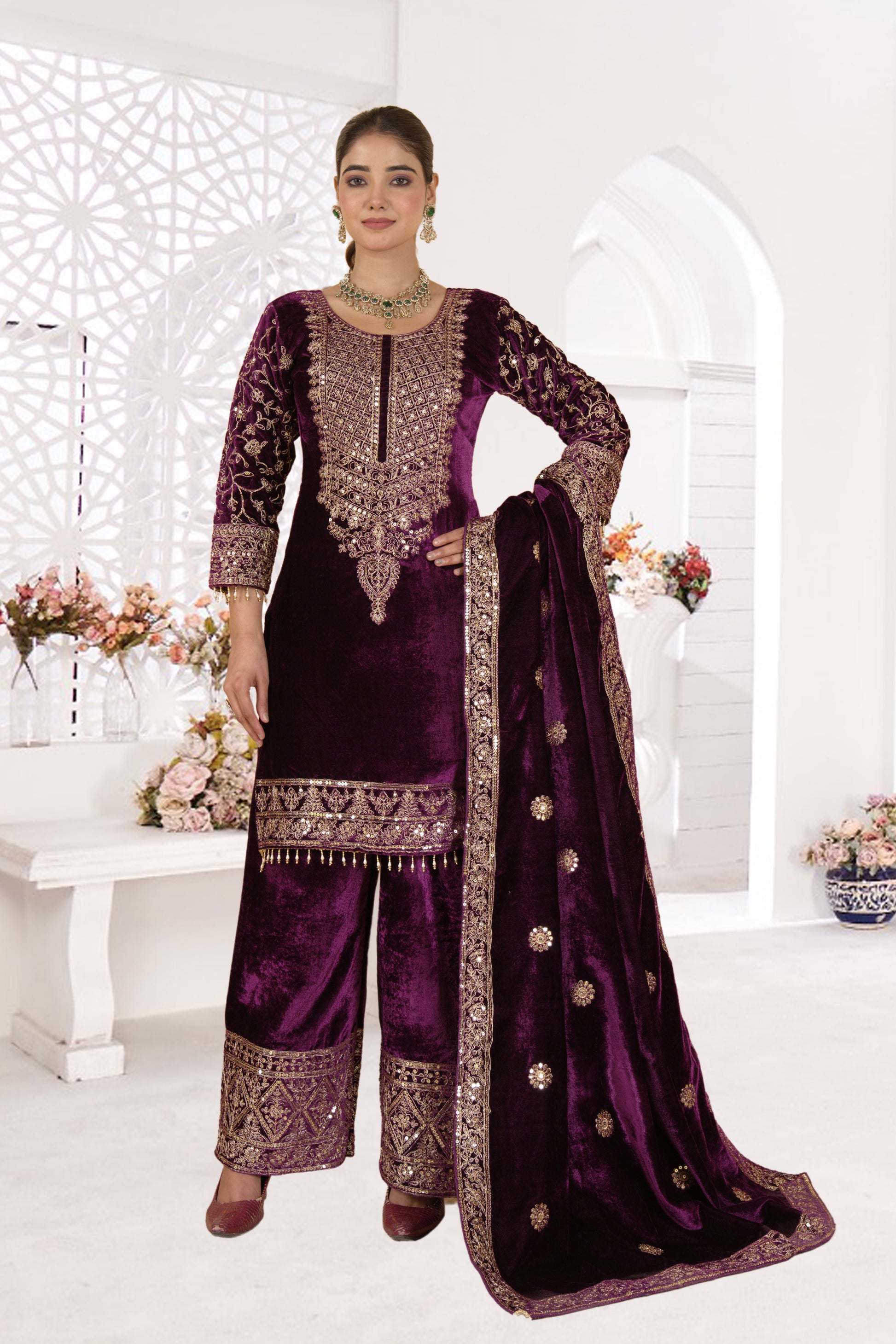 Women Velvet Wine Sequence embroidery work Kurta Set