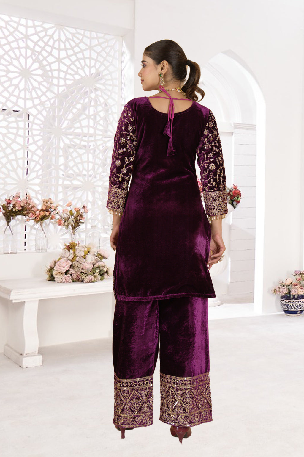 Women Velvet Wine Sequence embroidery work Kurta Set