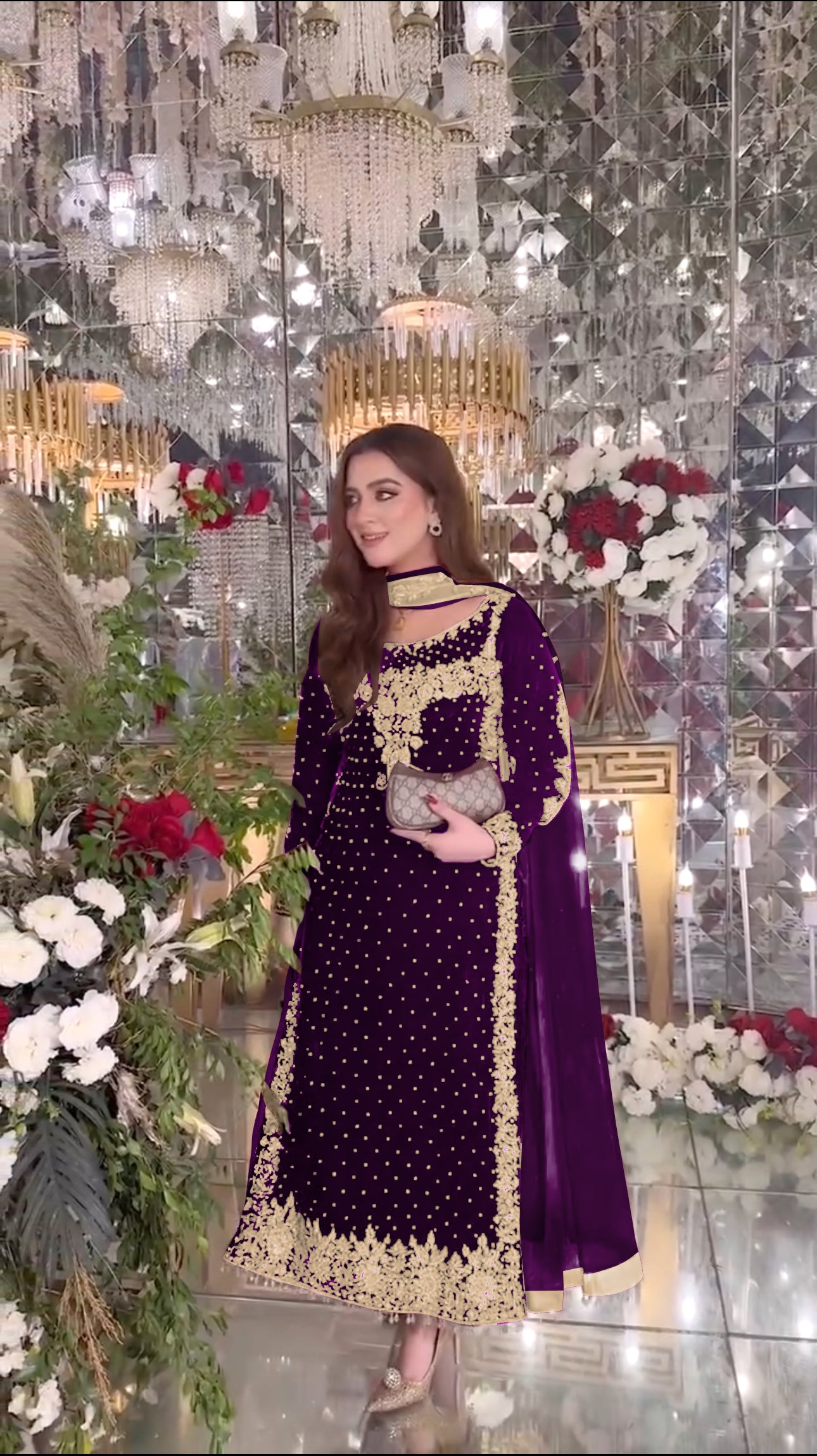 Women Purple Velvet Kurta Set