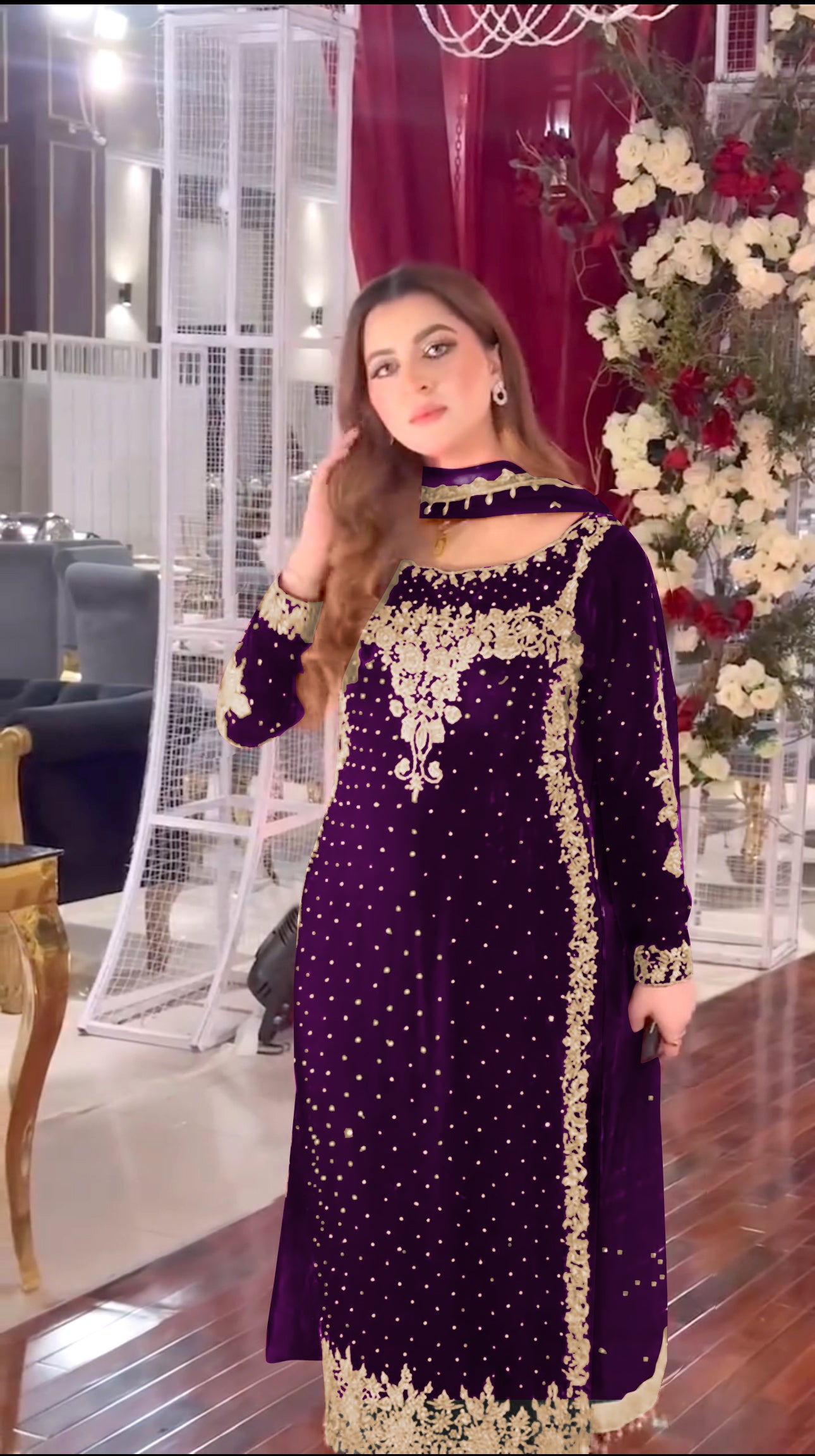 Women Purple Velvet Kurta Set