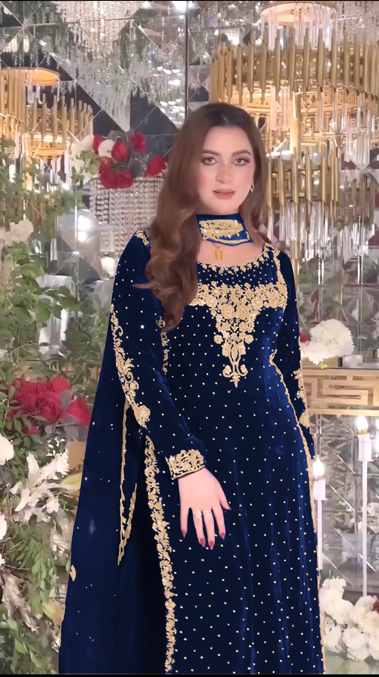 Women  Blue Velvet Kurta Set