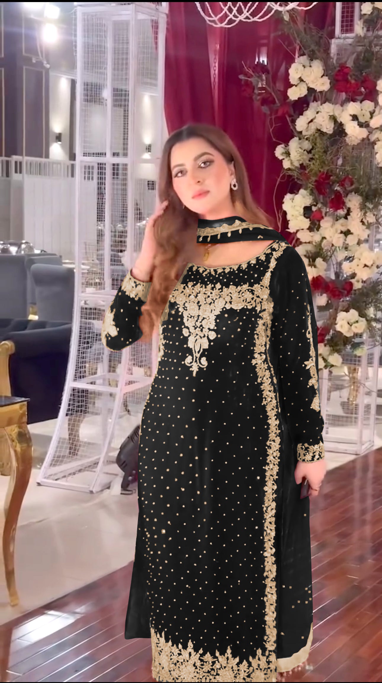 Women Black Velvet Kurta Set